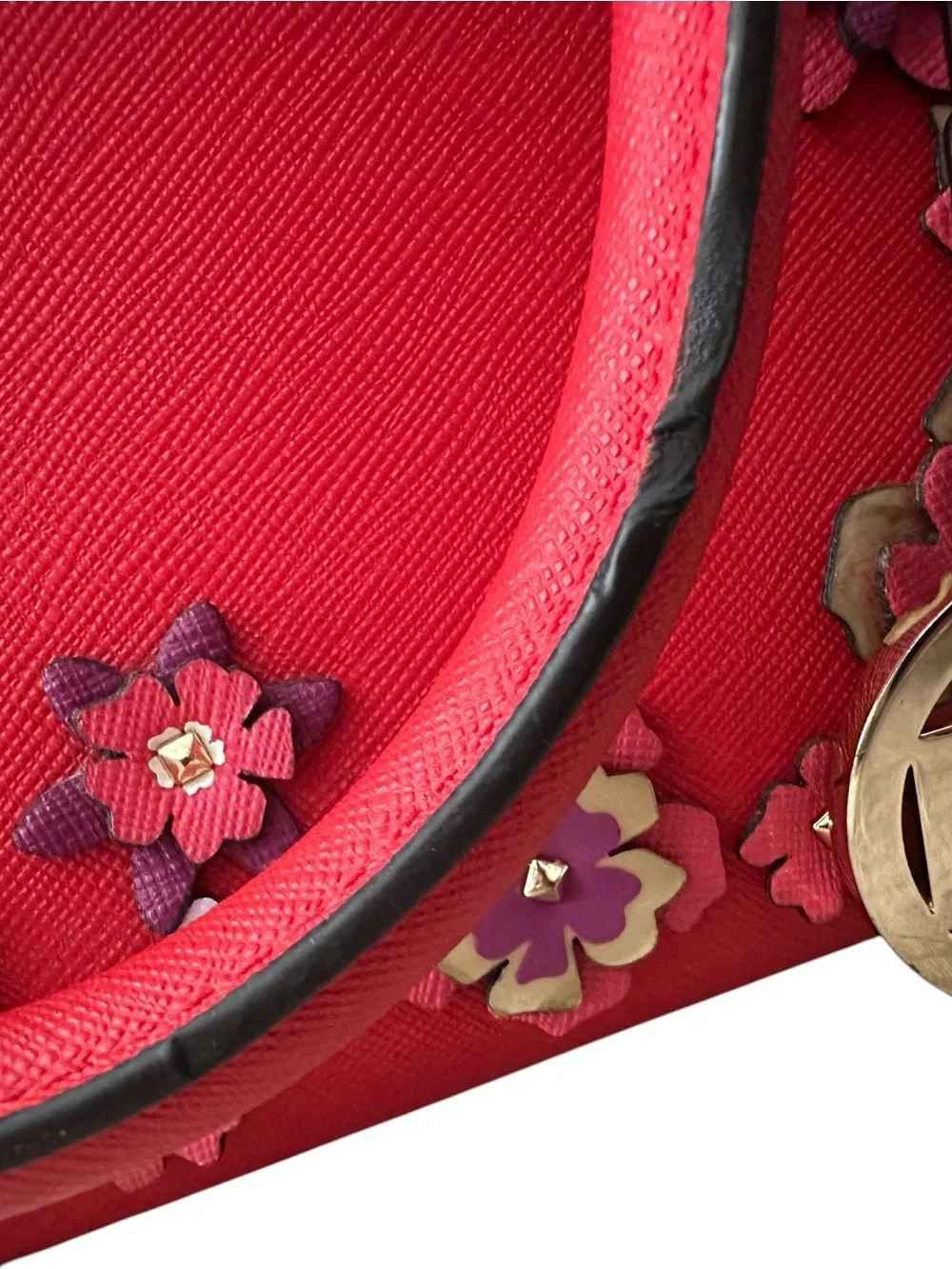 Michael Kors Red Saffiano Leather Colorful Floral Applique Satchel Tote Bag EUC